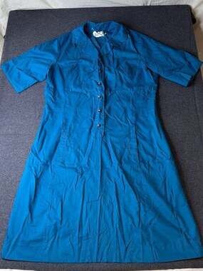 Vintage Flutterbye Teal Blue Short Sleeve Midi Shirt Dress with Pockets